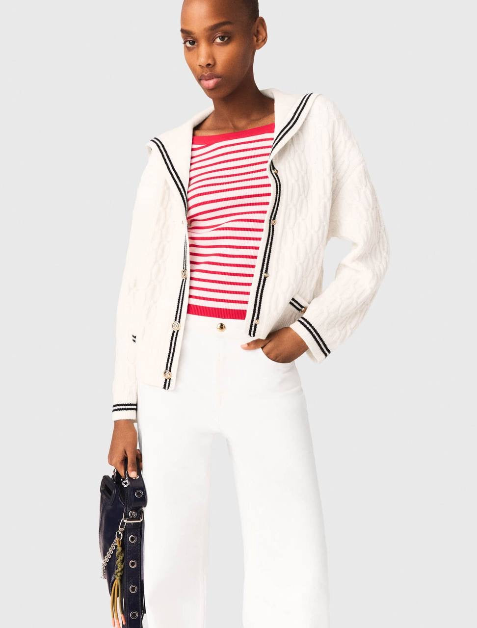 MJ Mirayalo Wool Cable-Knit Sailor Boat Neck Cardigan