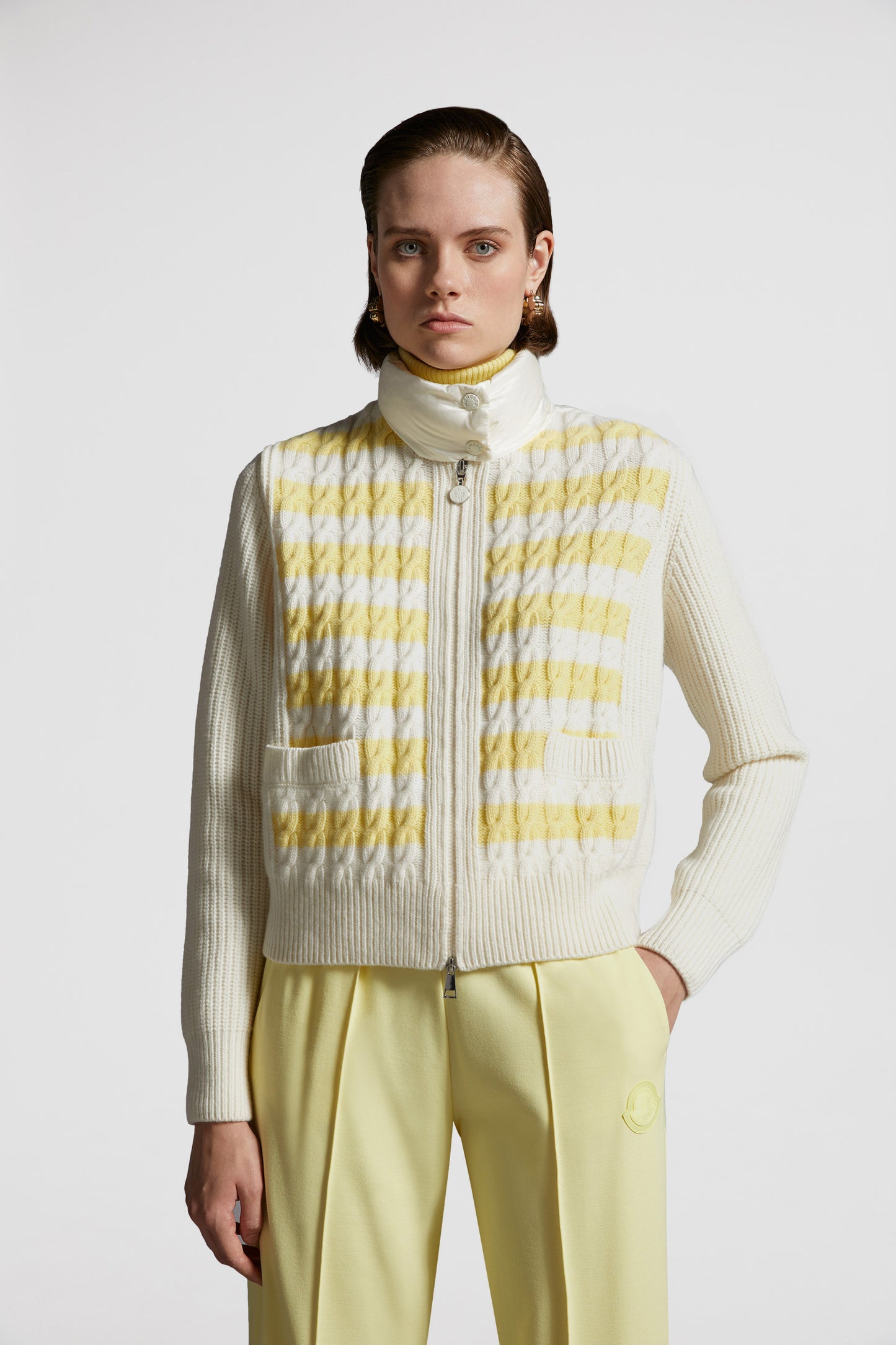 MC Padded Striped Wool Zip Up Cardigan (Partially Down-filled)