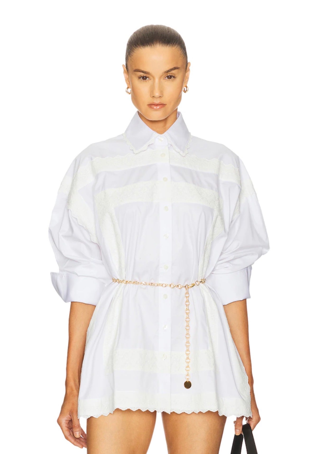 HS The Summer White Overshirt Oversized Shirtdress Shirt | White Shorts w Vintage Swiss Embroidery | Cotton Set