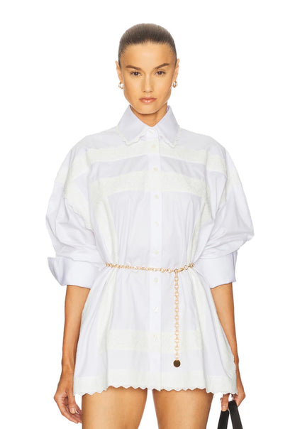 HS The Summer White Overshirt Oversized Shirtdress Shirt | White Shorts w Vintage Swiss Embroidery | Cotton Set