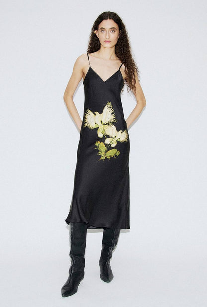 SL 90S Silk Slip Midi Dress in Egret Black Floral
