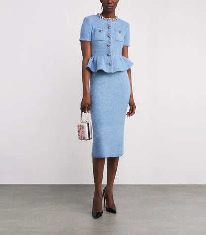 SP Blue Knitted Peplum Midi Dress