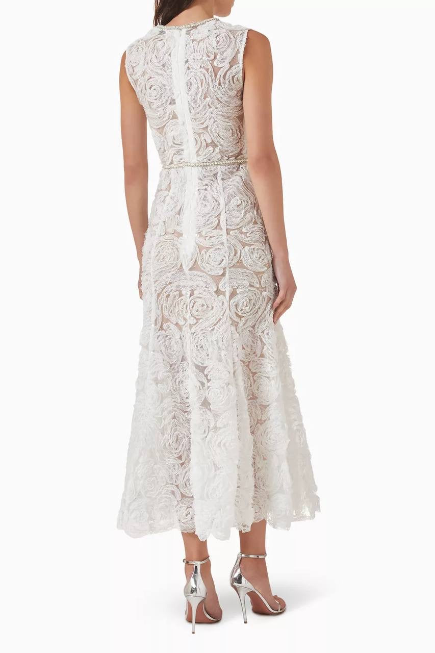 SP White Tulle Lace Belted Midi Dress