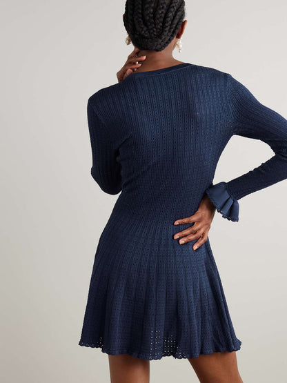 SP Navy Pointelle Knit Crochet Flower Mini Dress