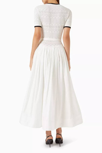 White Cotton-blend Pointelle Knit Drop-waist Midi Dress