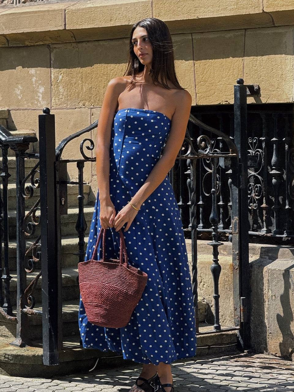 KV Lily One-Shoulder Toga Midi Dress | Strapless Bubble Cotton-Linen Polka Dot Maxi Dress