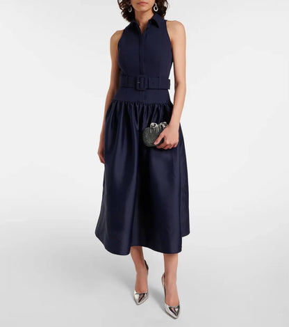 SP Navy Blue Belted Drop Waist Viscose-wool Twill Midi Dress