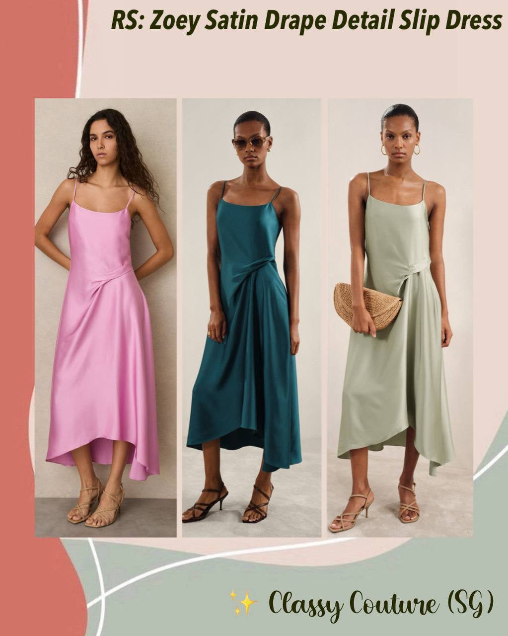 RS Zoey Satin Drape Detail Slip Midi Dress