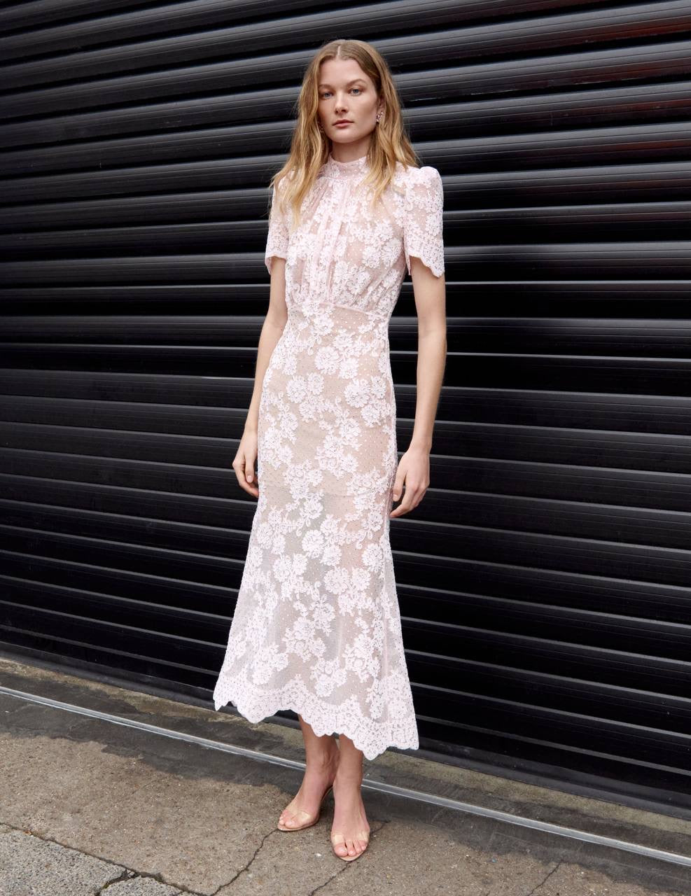 SP Pink Rhinestone Lace Short Sleeve Midi Dress