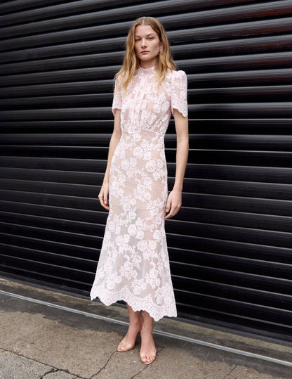 SP Pink Rhinestone Lace Short Sleeve Midi Dress