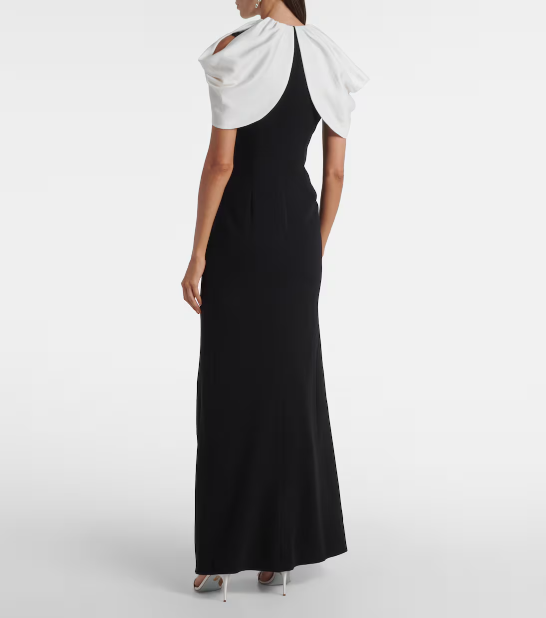 RM Gathered Contrast Shawl Crystal Trim Neckline Gown Maxi Dress in Black/white