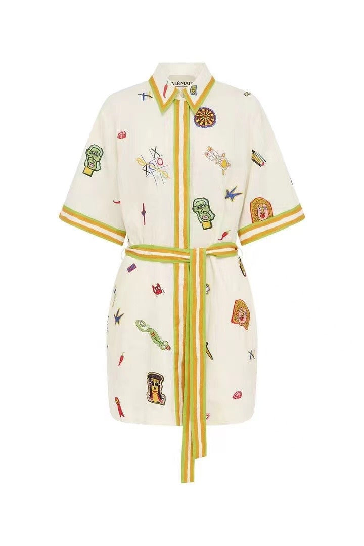 ALM Checkers Embroidered Linen Mini Dress