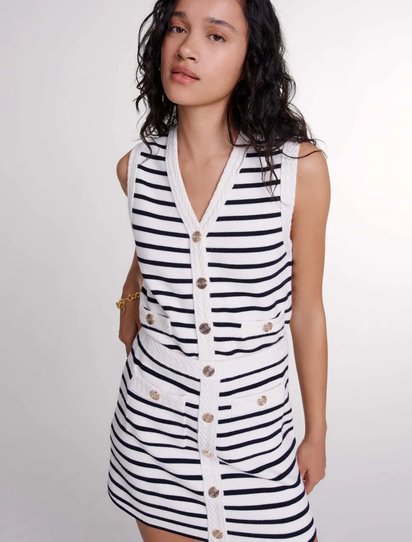 MJ Melisse Striped Knit Sleeveless Cardigan Vest Top | Elisse Mini Skirt | Wool Blend Set in Navy/Ecru