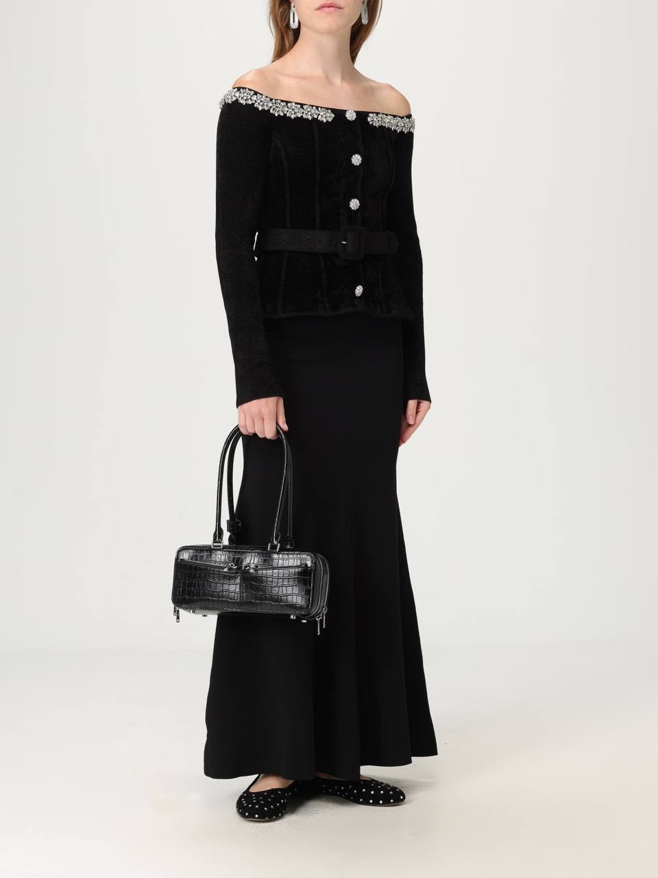 SP Black Chenille Knit Crystal-Trim Off Shoulder Peplum Midi Maxi Dress