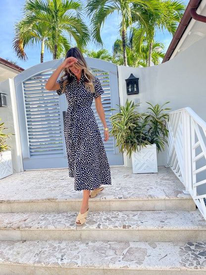 CC Asbury Cotton Midi Dress Abstract Navy Dot