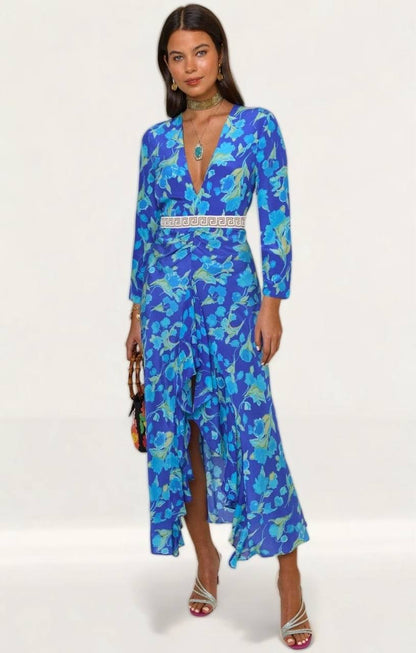 RX Rose Floral Print Silk Midi Dress