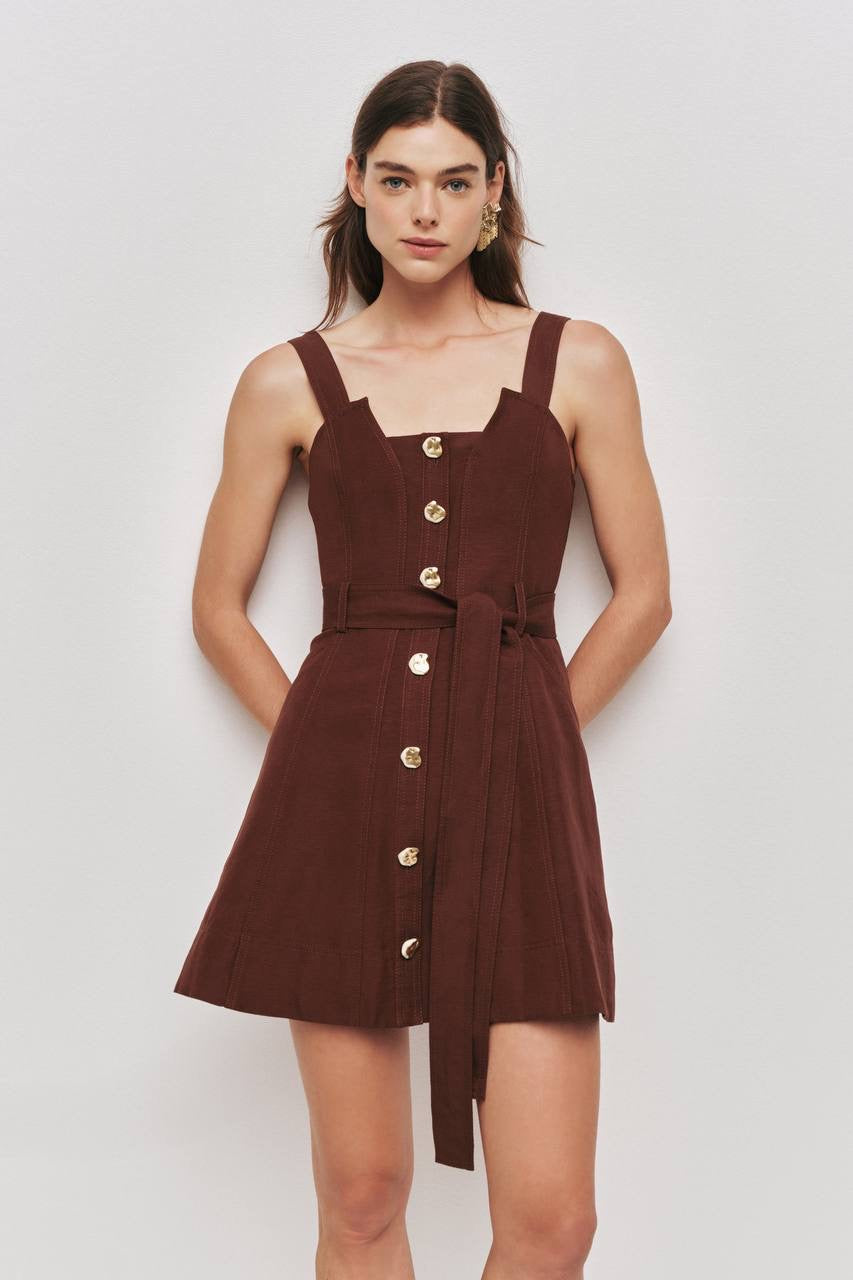 AJ Manon Brown Linen-viscose Mini Dress