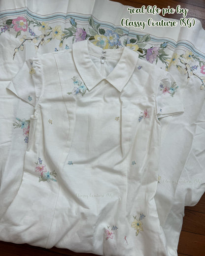 SP White Floral Linen-Blend Short Sleeve Midi Dress