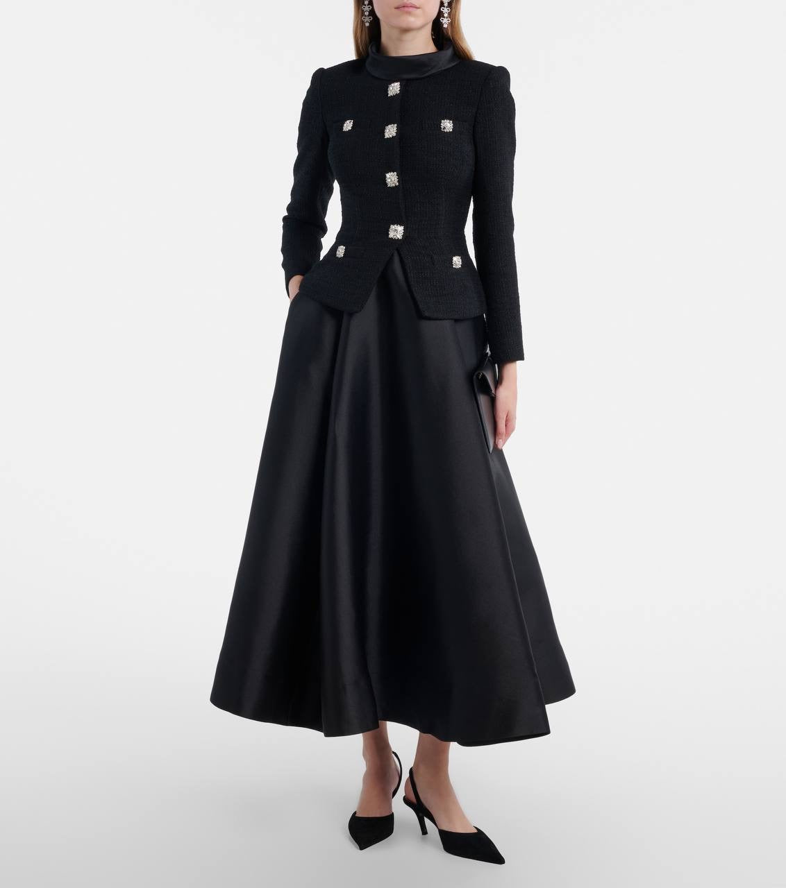 SP Black Boucle Taffeta Long Sleeved Midi Dress