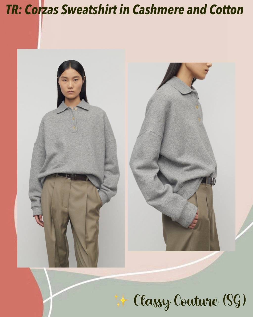 TR Corzas Cashmere-Cotton Polo Sweatshirt Long Sleeve Top in Grey