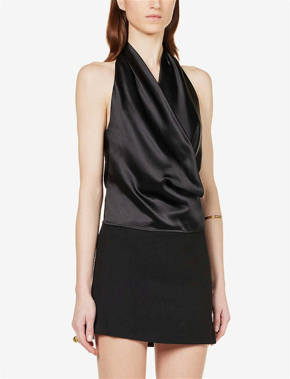 Emmy Silk Top Black Wrap-Front Cowl Halter