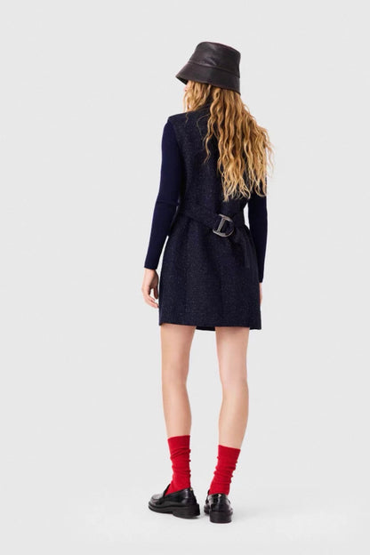 MJ Navy Blue Short Lurex Tweed Cinched Sleeveless Button Up Mini Dress