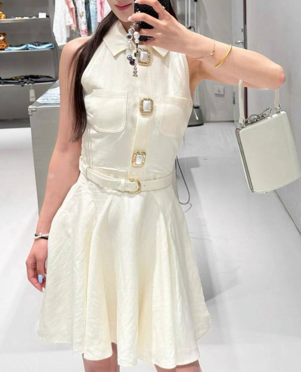 SP Cream Linen Sleeveless Flare Mini Dress