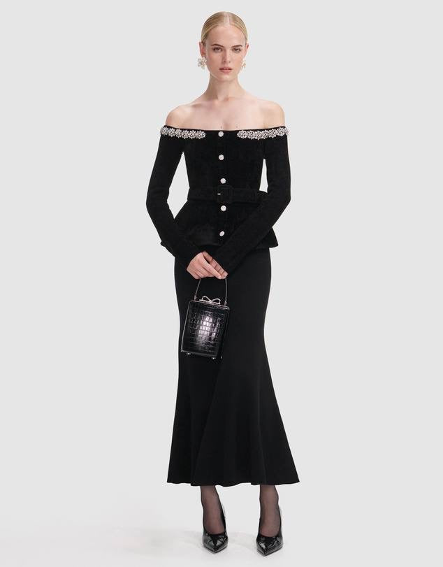 SP Black Chenille Knit Crystal-Trim Off Shoulder Peplum Midi Maxi Dress