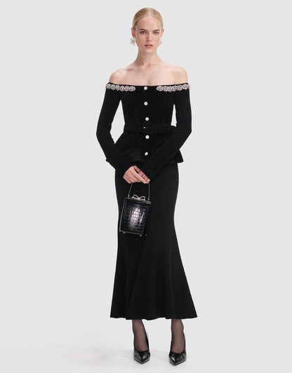 SP Black Chenille Knit Crystal-Trim Off Shoulder Peplum Midi Maxi Dress