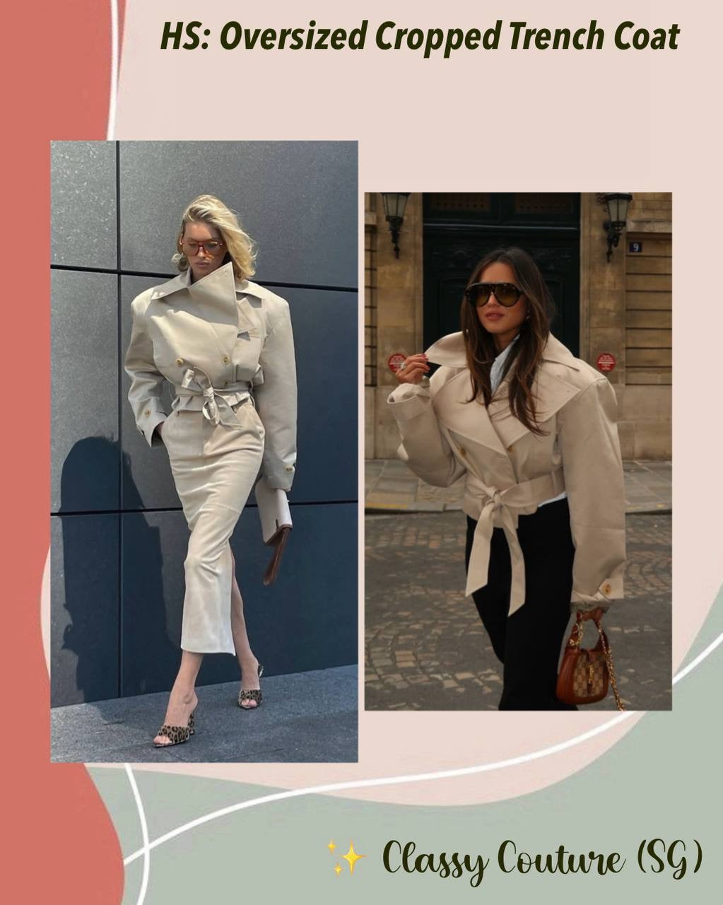 HS Oversized Cropped Trench Coat Jacket in Khaki