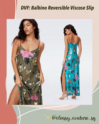 DVF Balbino Reversible Viscose Slip Maxi Dress in Festival Floral Teal and Olive