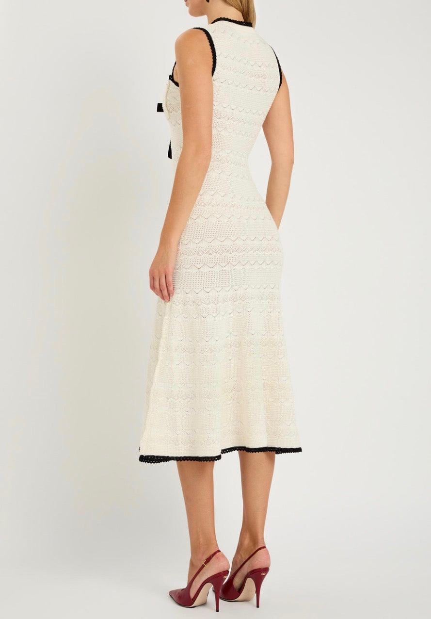 SP White 3D Rosette Pointelle Cotton-blend Knit Contrast Bow Mini | Midi Dress