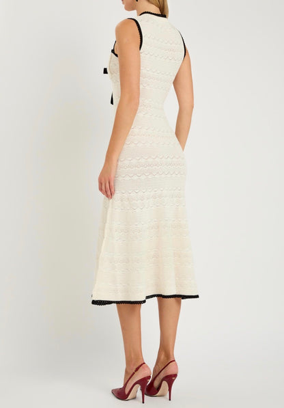 SP White 3D Rosette Pointelle Cotton-blend Knit Contrast Bow Mini | Midi Dress