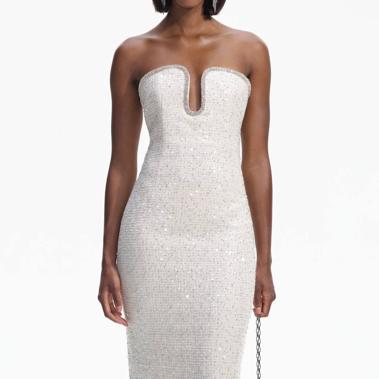 SP Cream Sequin Boucle Strapless Midi Dress