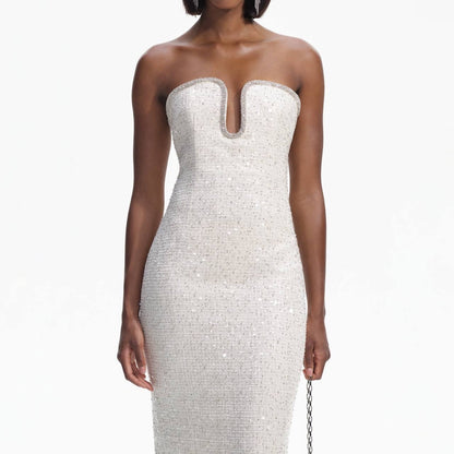 SP Cream Sequin Boucle Strapless Midi Dress