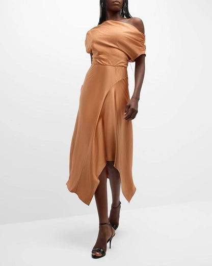 ALC Jasmine Ruched One Shoulder Satin Midi Dress