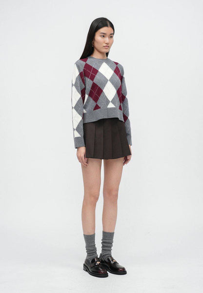 MJ Argyle Cropped Rhinestone Embellished Wool Jumper