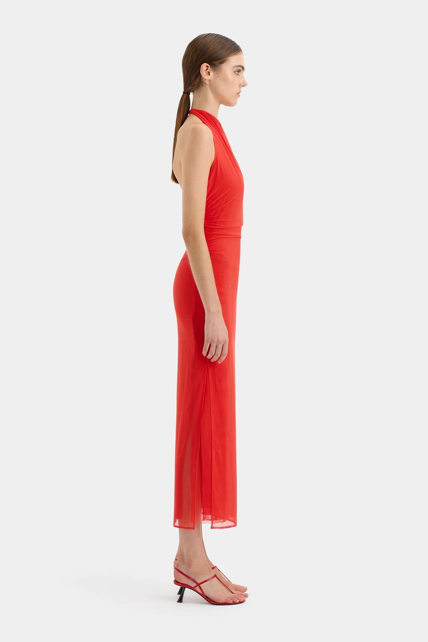 STL Jacques Mesh Halter Midi Dress in Pomelo Red