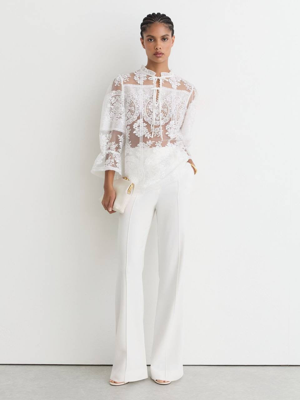 RS Demi Sheer Lace Tie-Neck Blouse Top