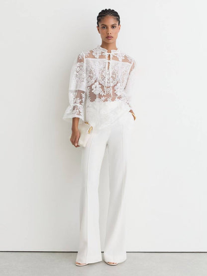 RS Demi Sheer Lace Tie-Neck Blouse Top