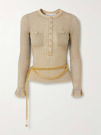 SP Gold Lurex Ribbed Knit Long Sleeved Top | Ruffle Hem Mini Dress