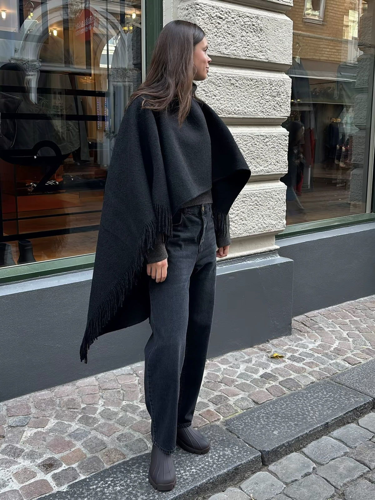 Tot Fringed High-Low Wool-blend Poncho Cape