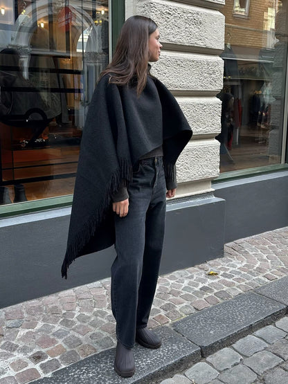 Tot Fringed High-Low Wool-blend Poncho Cape
