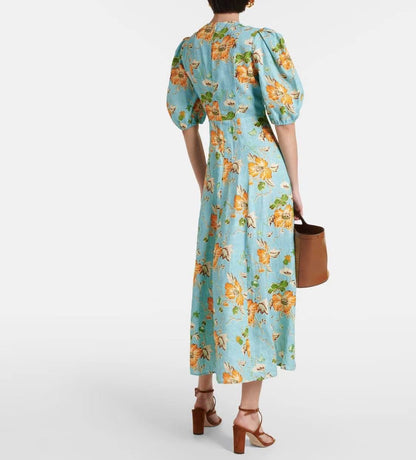 ALM Monte & Aqua Tropical Puff Sleeve Linen Midi Dress