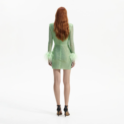 SP Green Rhinestone Feather Mini Dress