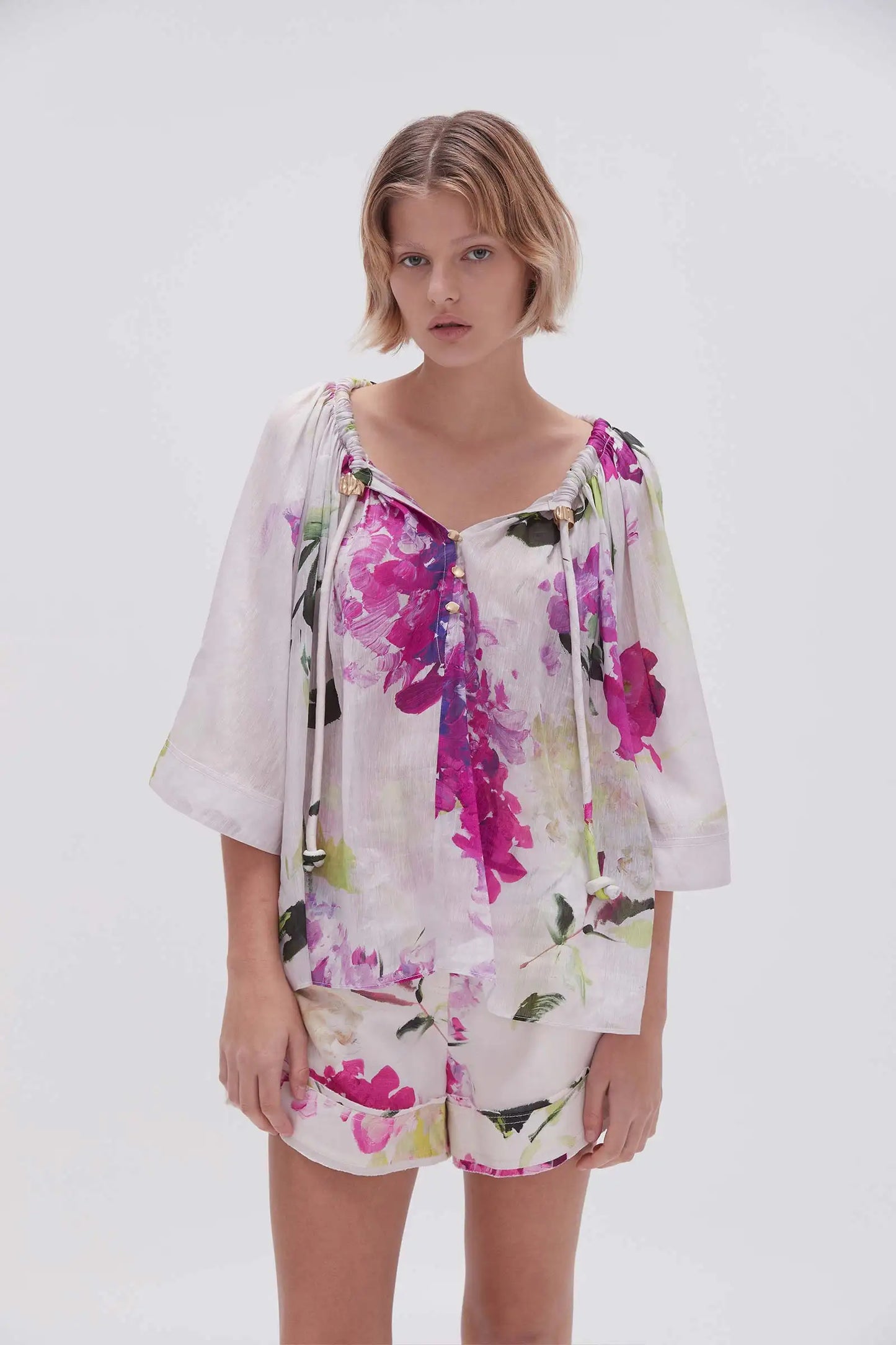 AJ Bridget Bell Sleeve Blouse in Wild Hydrangea Linen-Blend