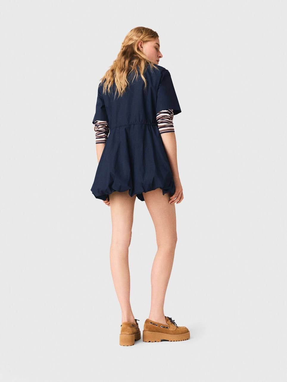 MJ Romimita Short-Sleeved Cotton Bubble Drawstring Mini Dress Shirtdress