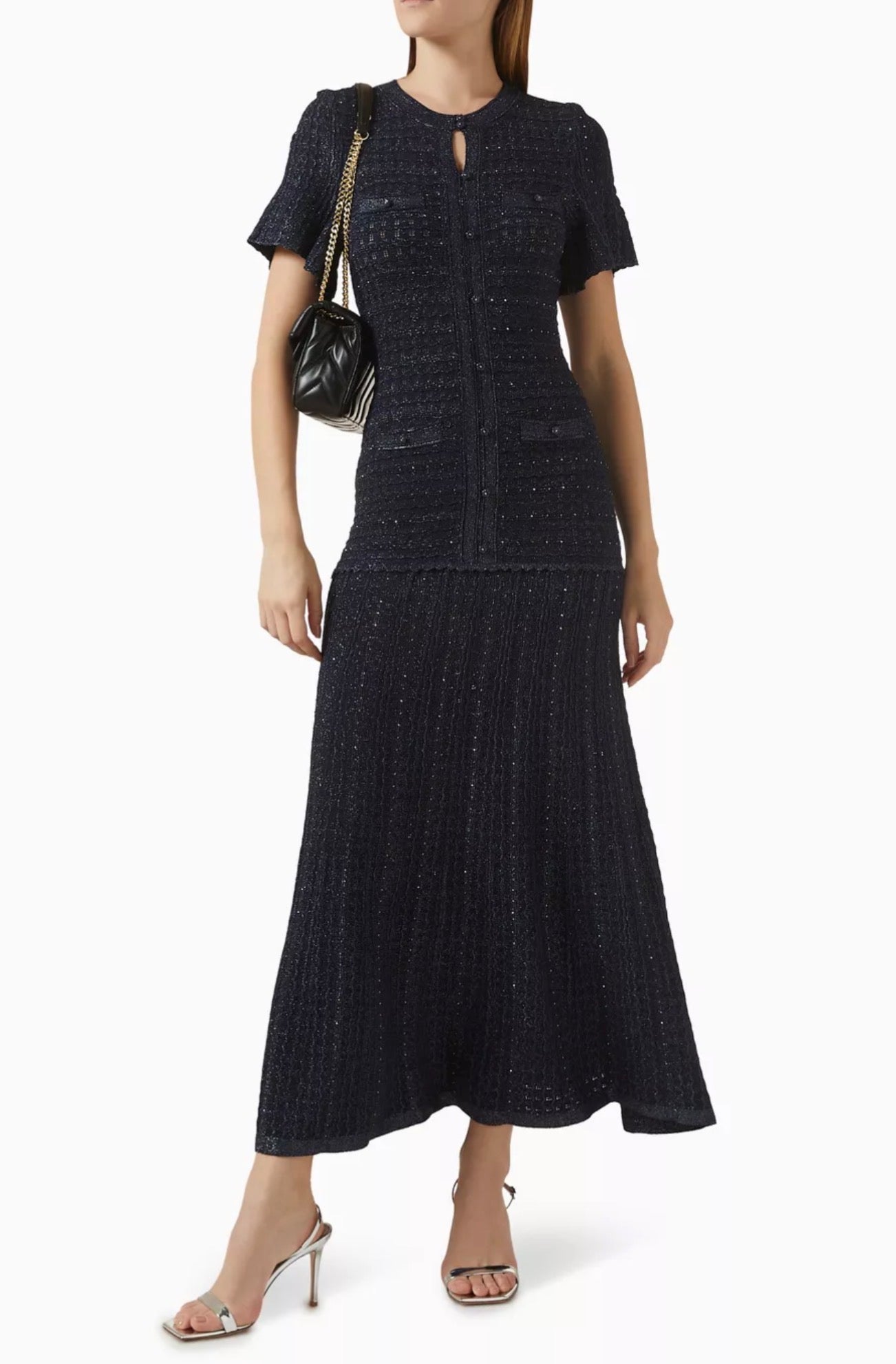 SD Diane Blue Rhinestone Viscose-blend Metallic Knit Maxi Dress