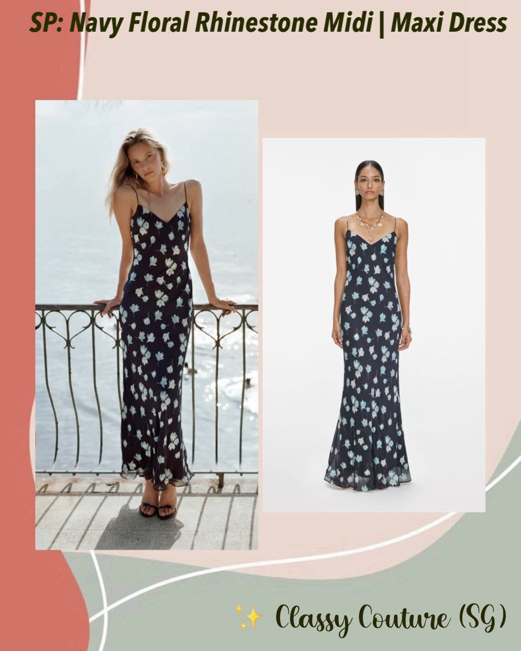 SP Navy Floral Rhinestone Strappy Midi & Maxi Dress