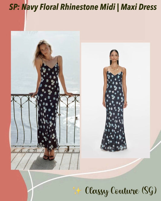 SP Navy Floral Rhinestone Strappy Midi & Maxi Dress